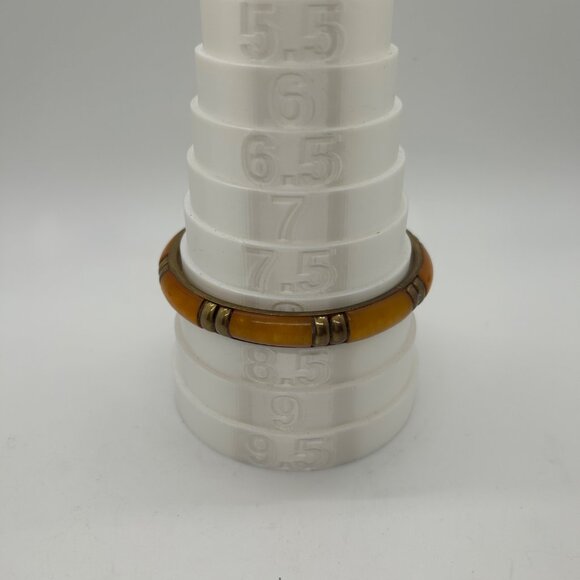 Vintage Brass & Amber-Colored Acrylic Bangle Bracelet 8 Inch Boheium - Picture 7 of 8